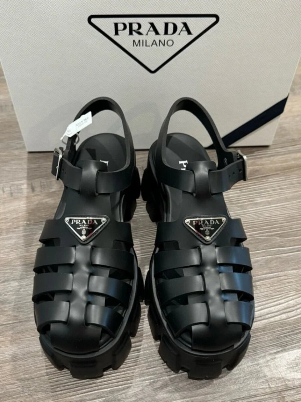 Prada Black Rubber Monolith Cage Platform Sandals